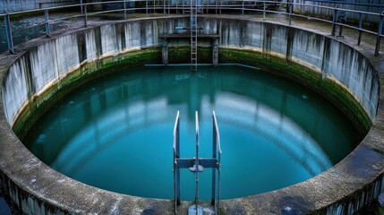 Circular water reservoir, industrial plant, calm teal water, overcast sky, environmental infrastructure