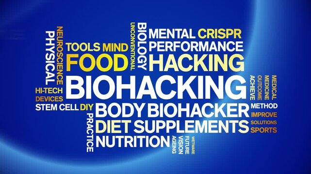 Biohacking animated word cloud;text design animation tag kinetic typography seamless loop.