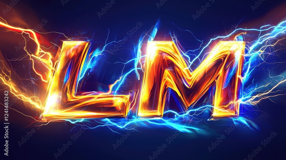 Poster dynamic logo design featuring stylized letters lm with vibrant lightning effects and gradient backgr