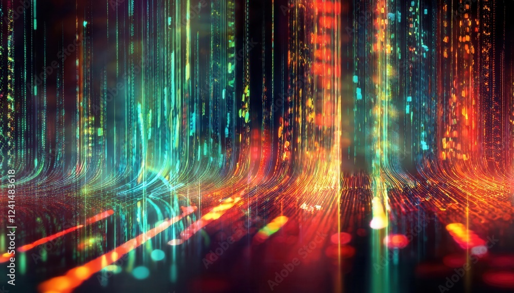 Poster vibrant digital light trails abstract, colorful data stream visualization for tech background and futuristic designs