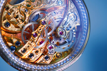 Intricate beauty of a vintage jewelry watch mechanism captured in stunning macro detail with vibrant colors and elaborate designs