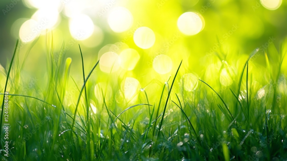 Aufkleber Adding a pea to bright green grass bokeh in nature setting