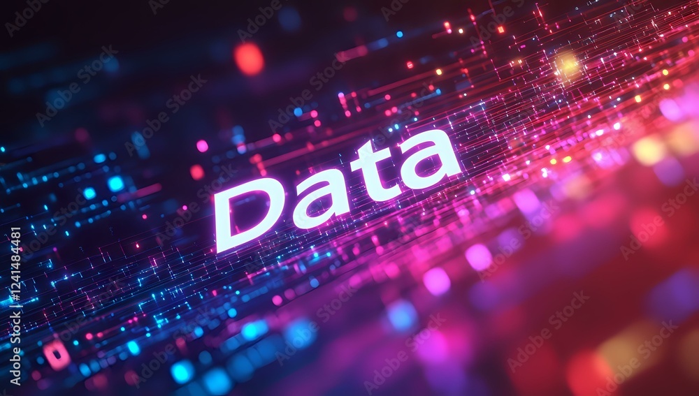 Poster glowing data text on digital matrix background with pink and blue light effects, binary code and bok