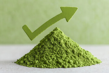 pile of green matcha powder with rising arrow symbolizes growth