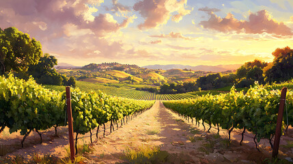 Naklejka premium Serene Sunset Over Tuscan Vineyard A picturesque view of rolling hills, grapevines, and a