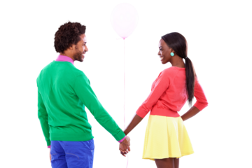 Balloon, back and a black couple holding hands for love isolated on transparent background together. Fashion, smile or happy with a young man and woman on PNG for birthday or anniversary celebration