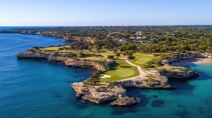 Obraz premium Aerial View of Scenic Golf Course by the Ocean Shoreline
