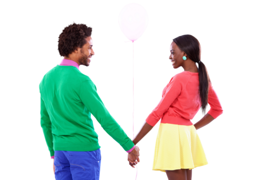 Balloon, back and a black couple holding hands for love isolated on transparent background together. Fashion, smile or happy with a young man and woman on PNG for birthday or anniversary celebration