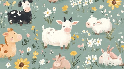 Fototapeta premium Create charming farm animals pattern wallpaper home decor digital art cozy environment whimsical viewpoint ideal for nursery and playroom