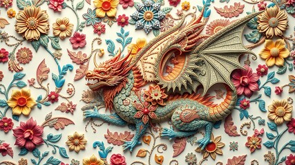 Obraz premium Mythical Tapestry: Etched Creatures on Floral Canvas