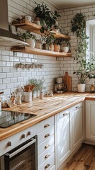 Sunlight pours into a cozy kitchen adorned with plants and wooden shelves, creating an inviting atmosphere perfect for culinary creativity and relaxation