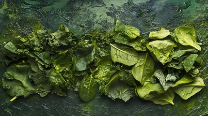 Fresh Green Leafy Vegetables on Textured Dark Green Background