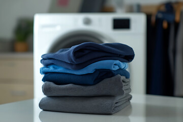 A stack of neatly folded clothes placed on a clean surface, with a white washing machine visible in the background. 