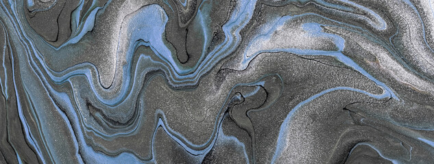 Abstract fluid art background dark gray and silver colors. Liquid marble. Acrylic painting with blue lines and gradient.