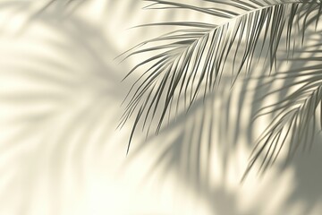 Obraz premium A top view showing the shadow of a green tropical leaf on a sand-colored background. Flat lay. Minimal summer scene with a palm tree leaf. Creative space for text