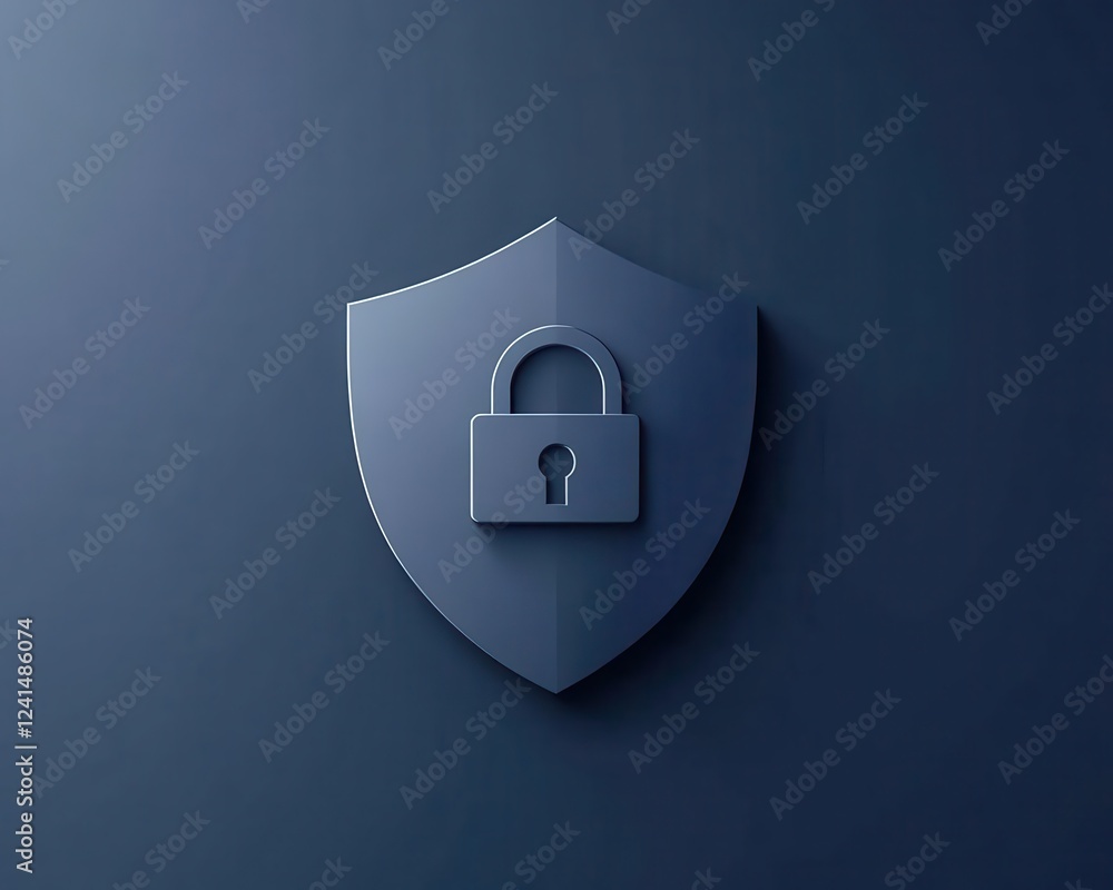 Poster a minimalist shield with a glowing padlock at the center, symbolizing data security on a solid dark 