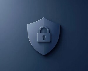 A minimalist shield with a glowing padlock at the center, symbolizing data security on a solid dark blue tech background.