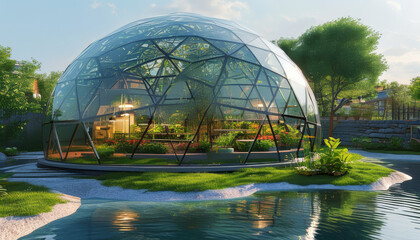 Fototapeta premium Futuristic sustainable city concept, Living Glass Domes, biodome-like structures housing eco-villages, urban farms, water recycling systems, renewable energy sources, green eco city, plants, trees