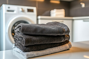 A stack of neatly folded clothes placed on a clean surface, with a white washing machine visible in the background. 