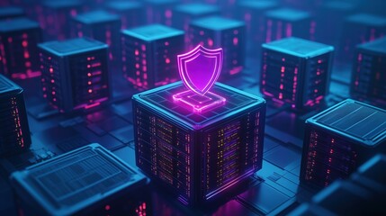 Cybersecurity Measures Implemented on Data Servers Digital Environment 3D Visualization Futuristic Concept