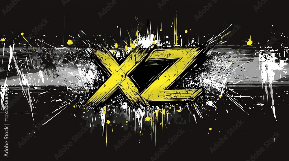 Poster abstract vector logo design featuring bold xz letters on a black background with splashes of yellow 