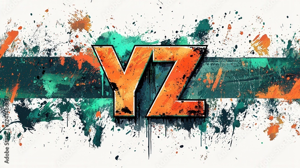 Aufkleber bold and colorful yz lettering with abstract splash elements on white background for graphic design 