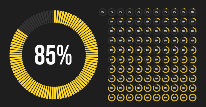 Circle percentage progress pie chart diagram infographic from 0 to 100 percent with yellow indicator. Loading indicator, progress bar, downloading uploading, percentage meter. For UI, apps and web.