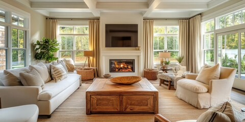 Obraz premium Luxurious Living Room with Fireplace and Large Windows