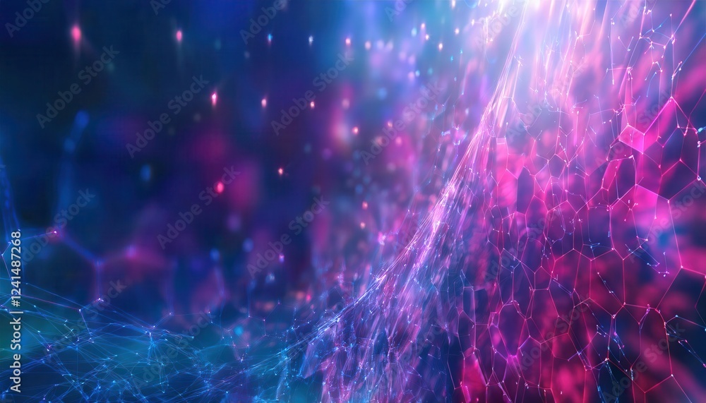 Poster futuristic digital data tunnel with glowing blue and pink neon grid, abstract cyber network background for ai and technology