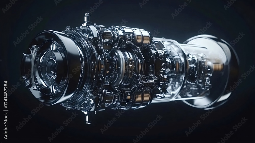 Poster detailed rendering of a complex, futuristic engine component showcasing intricate mechanical design 