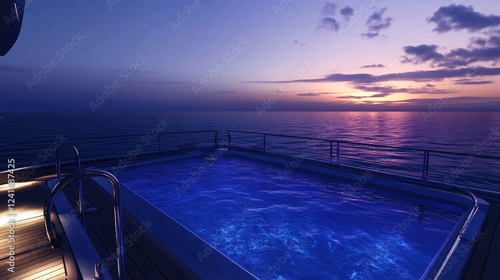 Aufkleber serene evening setting showcasing a tranquil ocean horizon with a softly illuminated pool in the for