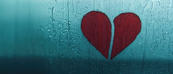 Heart Symbol Drawn on Frosted Glass with Raindrops Creating a Romantic and Melancholic Atmosphere