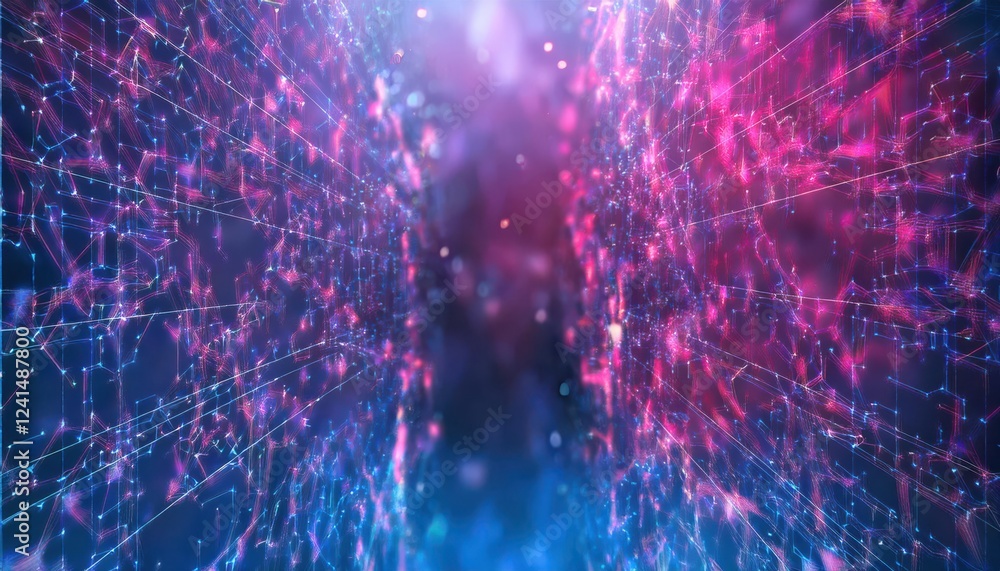Poster futuristic digital data tunnel with glowing blue and pink neon grid, abstract cyber network backgrou