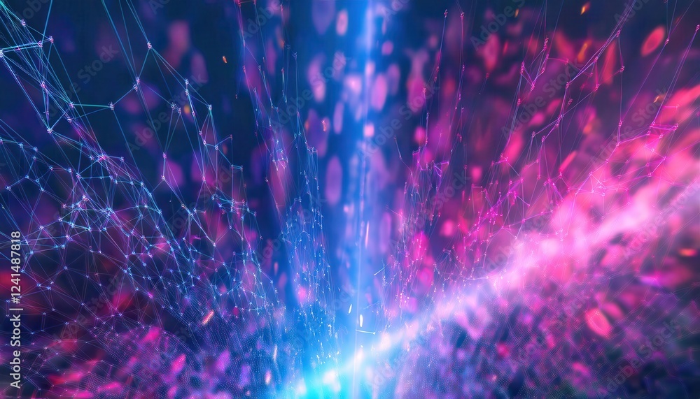Poster futuristic digital data tunnel with glowing blue and pink neon grid, abstract cyber network backgrou