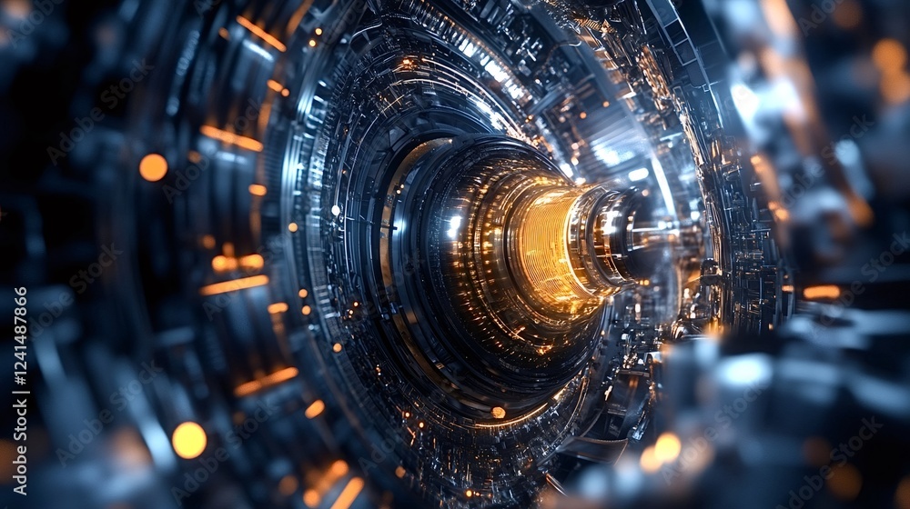 Poster intricate digital design featuring a futuristic tunnel with glowing orange and blue lights. the comp