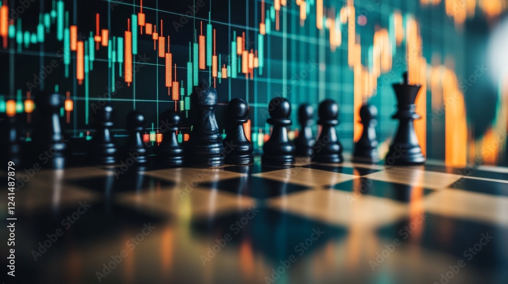 Poster analyzing stock market trends using a chessboard simulation financial analysis digital graphics virt