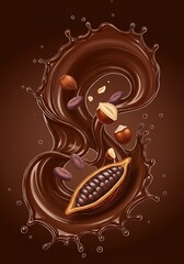 3D Silky Dark Chocolate Ganache Swirl with Hazelnuts and Cocoa Bean