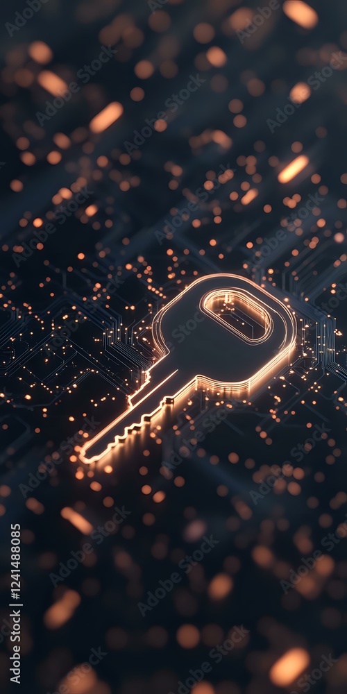 Poster glowing digital key on circuit board background with orange light particles and bokeh effects, repre