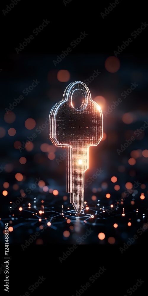 Poster glowing digital key hologram on dark background with network connections and bokeh lights, represent