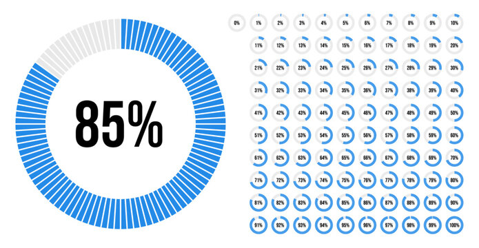 Circle percentage progress pie chart diagram infographic from 0 to 100 percent with blue indicator. Loading indicator, progress bar, downloading uploading, percentage meter. For UI, apps and web.