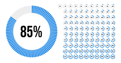 Circle percentage progress pie chart diagram infographic from 0 to 100 percent with blue indicator. Loading indicator, progress bar, downloading uploading, percentage meter. For UI, apps and web.