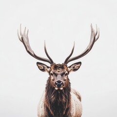 Majestic elk bull with large antlers against a white background.