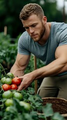 Young Caucasian male with beard wearing grey t-shirt harvesting fresh tomatoes in garden. Muscular farmer picking organic vegetables during summer season.