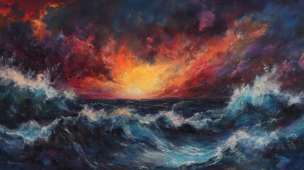 Dramatic Ocean Sunset with Vibrant Waves and Fiery Clouds
