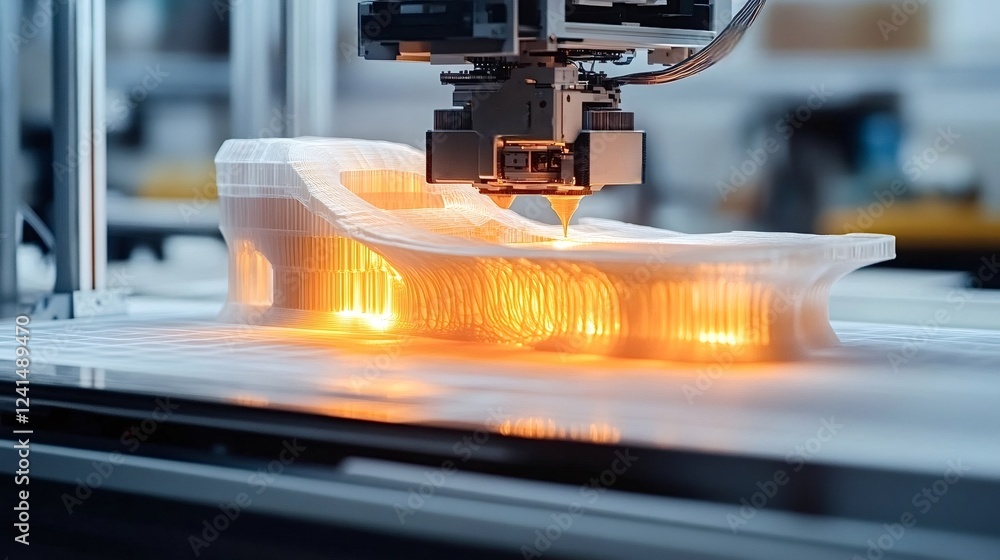 Poster modern 3d printer is creating an architectural model using resin and uv light, showcasing advanced a