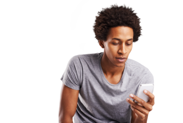 Internet, typing and black man with a smartphone, connection and social media isolated on a transparent background. African person, model and guy with a cellphone, digital app and png with network