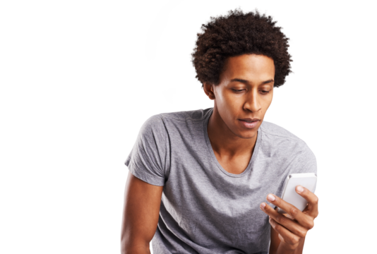 Internet, typing and black man with a smartphone, connection and social media isolated on a transparent background. African person, model and guy with a cellphone, digital app and png with network