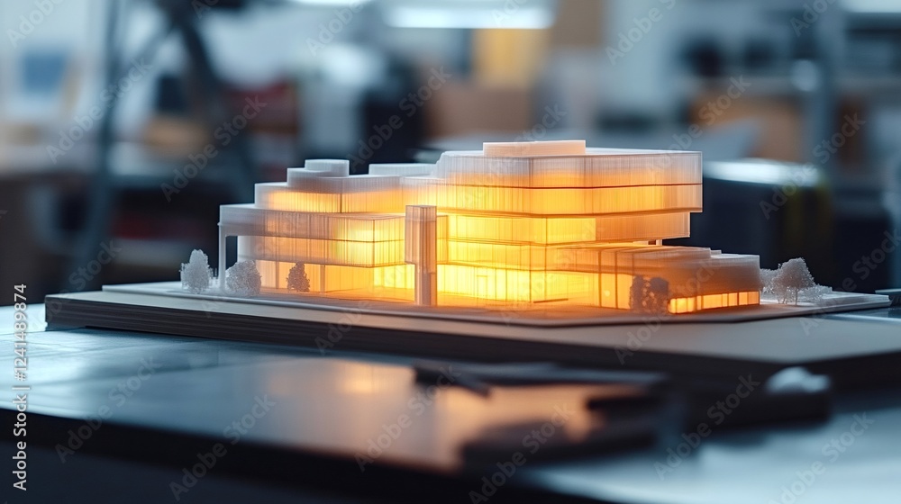 Poster detailed architectural model glowing with warm light, highlighting modern design elements. the model