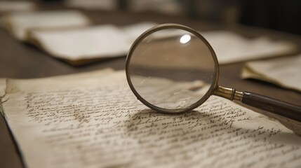 Fototapeta premium Examining ancient manuscript details library photography academic setting close-up magnifying glass insight