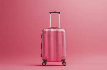 Bright pink suitcase on a soft pink background showcasing modern travel essentials